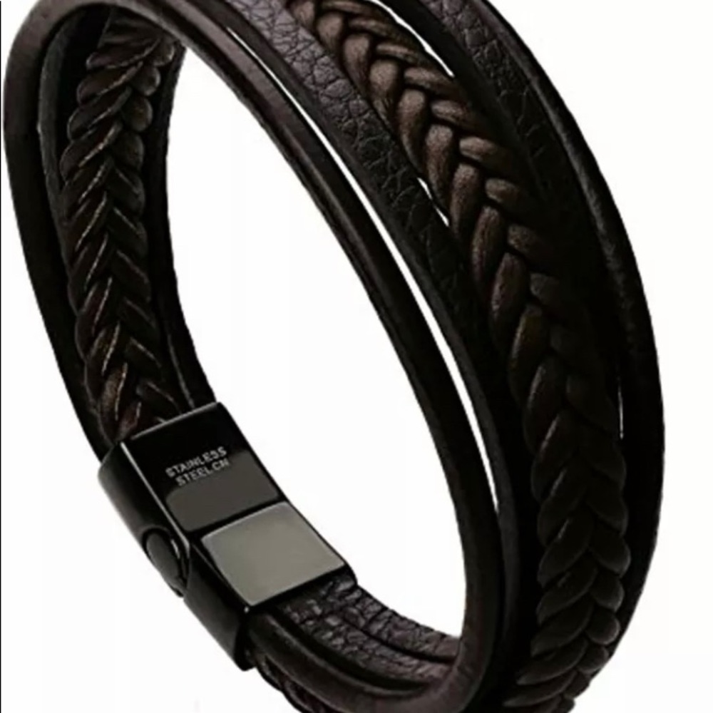 Mens leather steel bracelet new